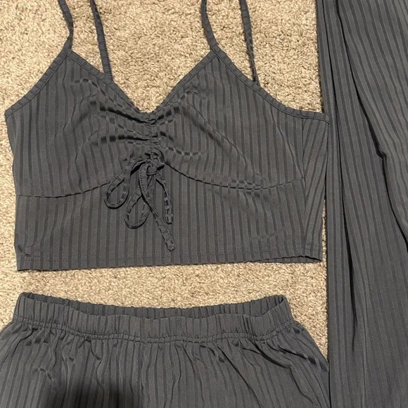 3-Piece Women's Charcoal Ribbed Lounge Set - Bralette, Shorts & Pants - Picture 2 of 2